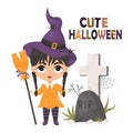 Cute Halloween. Gothic witch girl with braids in hat with spiders and broom near grave headstone with cross and spider