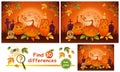 Cute Halloween holiday pumpkin light lantern characters on night cemetery. Find 10 difference children education logic game vector Royalty Free Stock Photo