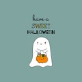 Cute Halloween kawaii ghost with smiley face holding pumpkin treat bucket with holiday candies. Funny greeting card Royalty Free Stock Photo