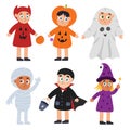 Cute Halloween kids set. Boys and girls wearing devil, witch, pumpkin, vampire and mummy costumes Royalty Free Stock Photo