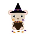 Cute Halloween mouse in witch hat holding a pot with candies. Cartoon animal character for kids t-shirts, nursery Royalty Free Stock Photo