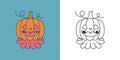 Cute Halloween Octopus Clipart Illustration and Black and White. Kawaii Art Halloween Ocean Animal