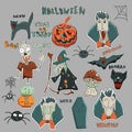 Cute Halloween patches and stickers collection. Witch, zombies scary dead man, black cat, vampire Dracula, magic potion,