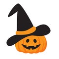 Cute Halloween pumpkin with black witch hat. Jack-o-lantern symbol. Funny vector illustration in cartoon flat style Royalty Free Stock Photo