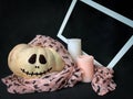 Cute Halloween pumpkin composition in white frame on black background Royalty Free Stock Photo