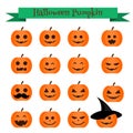 Cute halloween pumpkin emoji icons set. Emoticons, stickers, design elemets