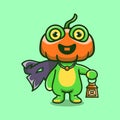 cute halloween pumpkin head frog illustration carrying a lantern