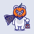 cute halloween pumpkin head polar bear illustration carrying a lantern Royalty Free Stock Photo