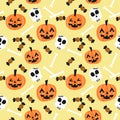 Cute Halloween pumpkin and skull seamless pattern.
