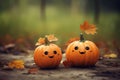 Cute Halloween pumpkins with maple leaves outdoors on a rainy autumn day. Generated AI
