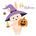 Cute Halloween. Rabbit character in witch hat with spider, with pumpkin Jack and candle. Vector illustration. Festive