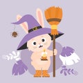 Cute Halloween rabbit in witch hat with spider with candle and broom on decorative background. Vector illustration