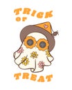 Cute Halloween retro ghost with daisy flowers glasses cartoon doodles. Trick or treat