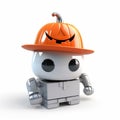 Cute Halloween Robot With Pumpkin Hat - 3d Render On White Background