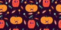 Cute Halloween seamless pattern with emotional pumpkins and candies. Colourful vector design on dark background. Royalty Free Stock Photo