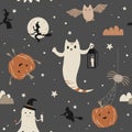 Cute Halloween seamless pattern with ghosts, bats, pumpkins, spider and flying witches. Vector hand drawn illustration