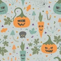 Cute Halloween seamless pattern with pumpkin, carrot, mushroons, leaves. Perfect for package, paper, background, banner. Royalty Free Stock Photo