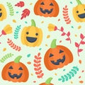 Cute Halloween seamless pattern. Pumpkins, leaves and flowers floating on a light background. Royalty Free Stock Photo