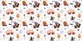 Cute Halloween seamless pattern with truck, car, bus, ghosts, skeleton, haunted house vector illustration. Royalty Free Stock Photo