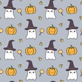 Cute halloween seamless vector pattern background illustration with ghost, pumpkin and candies