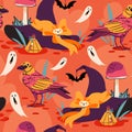 Cute halloween seamless vector pattern with witch hat, skull, crow, potion bottle, mushroom, ghost. Magic horror cartoon