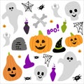 Cute Halloween set with scarry day symbols. Funny cartoon Ghost, pumpkin, poison bottle, jaws, witch hat are on white background