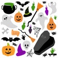 Cute Halloween set with scarry day symbols. Funny cartoon Ghost, pumpkin, poison bottle, jaws, witch hat are on white background