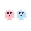 Cute Halloween Skull Sticker flat icon isolated on white. Pink Blue Cartoon Skeleton character. Traditional kids symbol