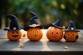 Cute Halloween smiling pumpkins in black wizard hats. Generated AI