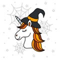 Cute halloween unicorn portrait with witch hat, spiderwebs and stars