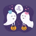 Cute Halloween vector illustration with girl and boy ghosts and pumpkin. Loving ghosts Royalty Free Stock Photo