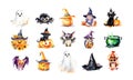 Cute Halloween watercolor collection with Halloween pumpkins, black cat, witch, ghost, spider, bat, owl, witch hat Royalty Free Stock Photo