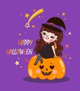 Cute halloween witch on pumpkin looking at falling star