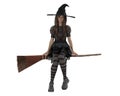 Cute Halloween witch sitting on her floating broomstick. Isolated 3D illustration
