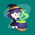 cute halloween witch stirring pot design illustration