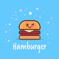 Cute hamburger cartoon comic character with smiling face tasty fastfood happy emoji kawaii style classic american fast