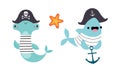 Cute Hammer Fish and Shark in Pirate Hat with Anchor as Sea Animal in Striped Vest Floating Underwater Vector Set Royalty Free Stock Photo