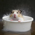 Cute hamster bathing in a basin