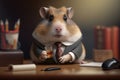 Cute hamster businessman in elegant professional suit sitting on his desk with whiskey in his hand. Business, profession