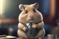 Cute hamster businessman standing on the desk with suit and neck tie Cartoon character. Lawyer, corporate officer