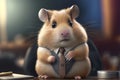 Cute hamster businessman standing on the desk with suit and neck tie Cartoon character. Lawyer, corporate officer