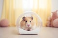 Cute hamster in a cage on a white wooden floor