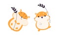 Cute Hamster Character with Stout Body Holding Spikelet Vector Set