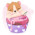 Cute hamster and cup cake illustration Royalty Free Stock Photo