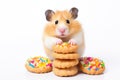 Cute hamster eating cookies on white background Royalty Free Stock Photo