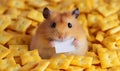 Cute hamster holding blank card surrounded by crunchy crackers Royalty Free Stock Photo