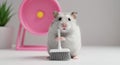 A cute hamster is holding a tiny broom, standing on a white surface. The Royalty Free Stock Photo
