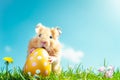 Cute hamster holds in its paws and tries to gnaw Easter egg in green grass with flowers against clear blue sky Royalty Free Stock Photo