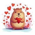 Cute hamster in love with red heart and hearts around. Valentines day postcard design Royalty Free Stock Photo