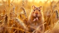 Cute hamster peeking through wheat field